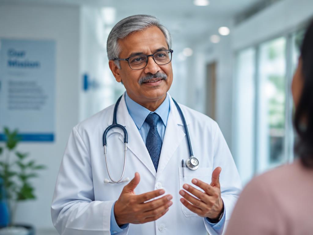 An Indian doctor guiding a family through a healthcare consultation at home