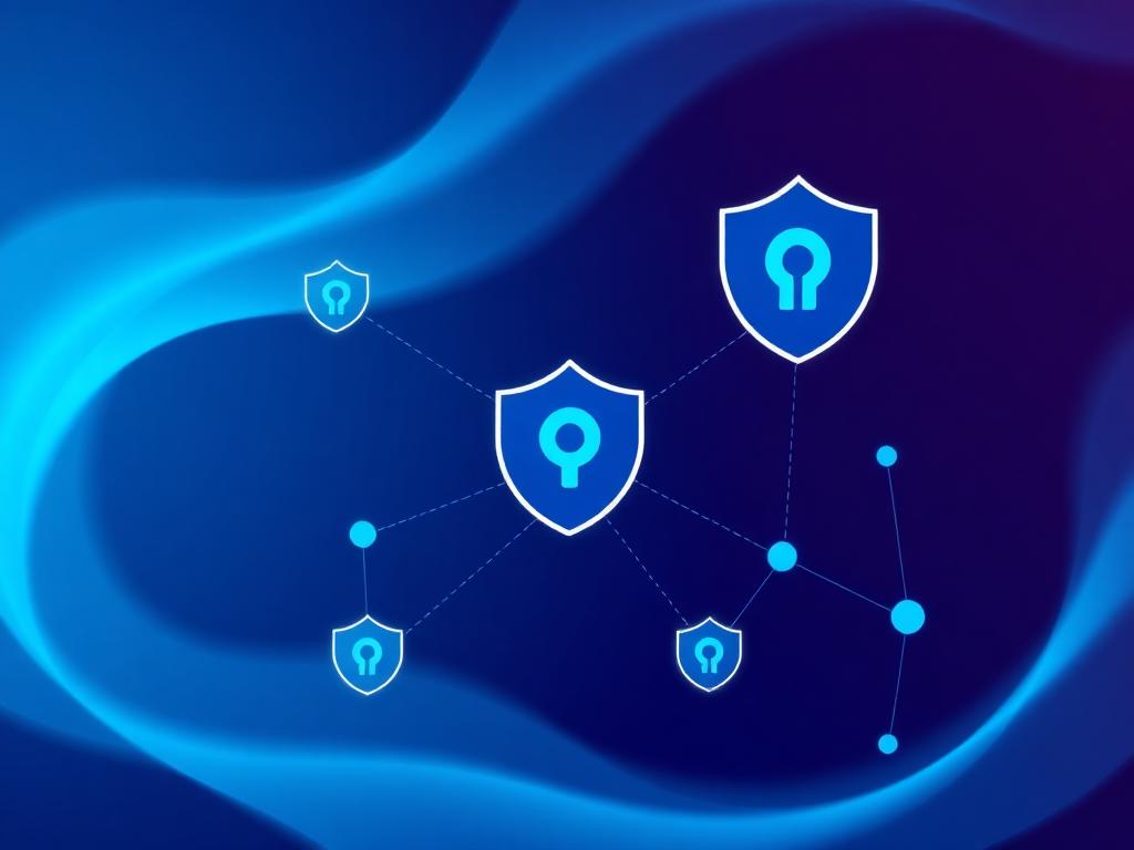 Abstract graphic of connected security shields in Medlord navy and cyan